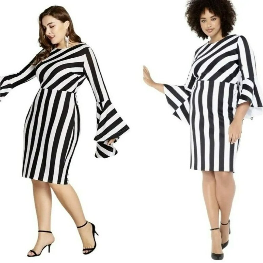 Eloquii Dress 16 Black White Stripe Flare Sleeve Body Hugging Bodycon Scuba Plus - Picture 13 of 13